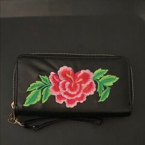 Floral Embroidered Black Wallet